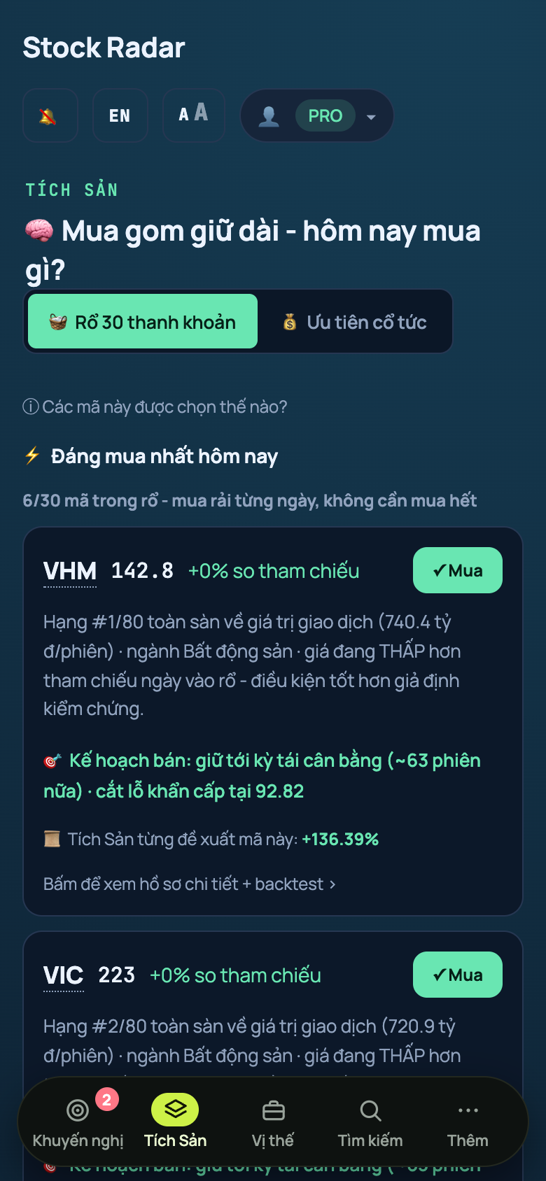 Tab Tích Sản với rổ thanh khoản